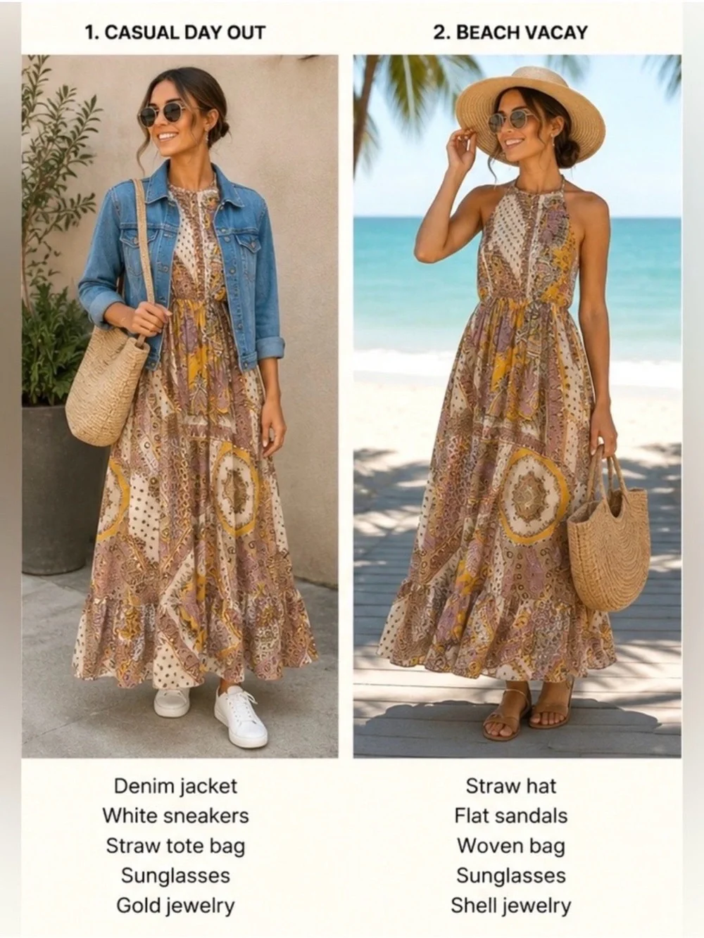 Boho Halter Maxi Dress in Beige and Mustard - Picture 2 of 7